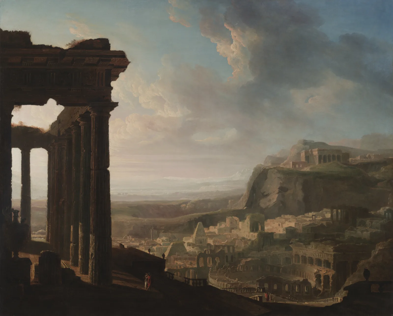 Pintura de una ciudad antigua monumental en ruinas, con columnatas y escalinatas enormes vacías bajo un cielo tormentoso
