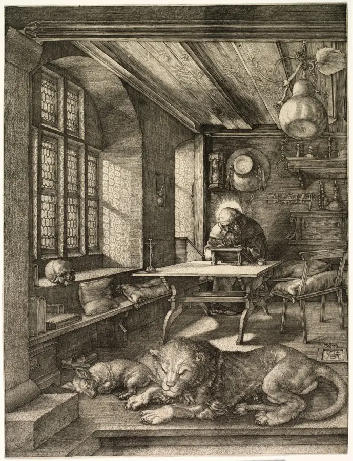 Grabado de San Jerónimo trabajando concentrado en su estudio, rodeado de sus herramientas, con un león dormido a sus pies