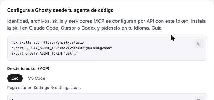 Tarjeta de la ficha: el comando de la skill y los dos export con el id y el token